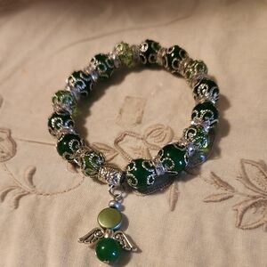 Handcrafted Green and Silver Beaded Bracelet with Angel Charm.